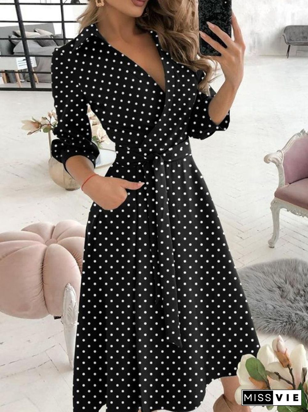 Long Sleeve V-Neck Polka Dot Print Dress