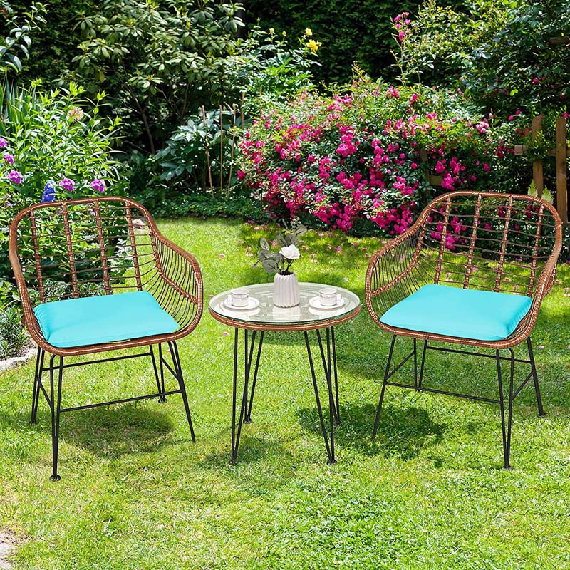 3 Pcs Patio Conversation Bistro Set Outdoor Rattan Furniture Set with Round Table & 2 Rattan Cushioned Armchairs