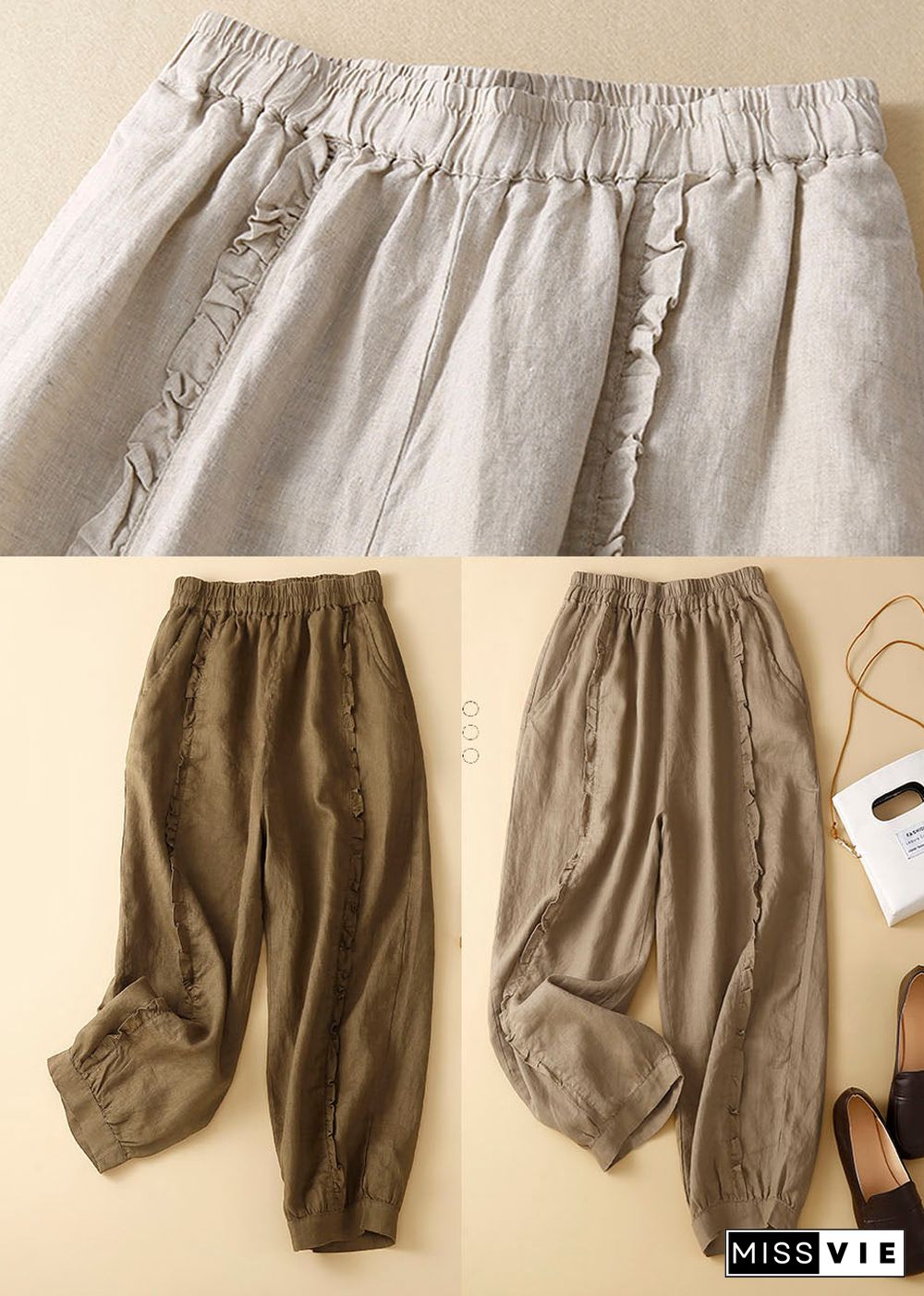 Casual Khaki Ruffled Pockets Linen Crop Pants Trousers Summer