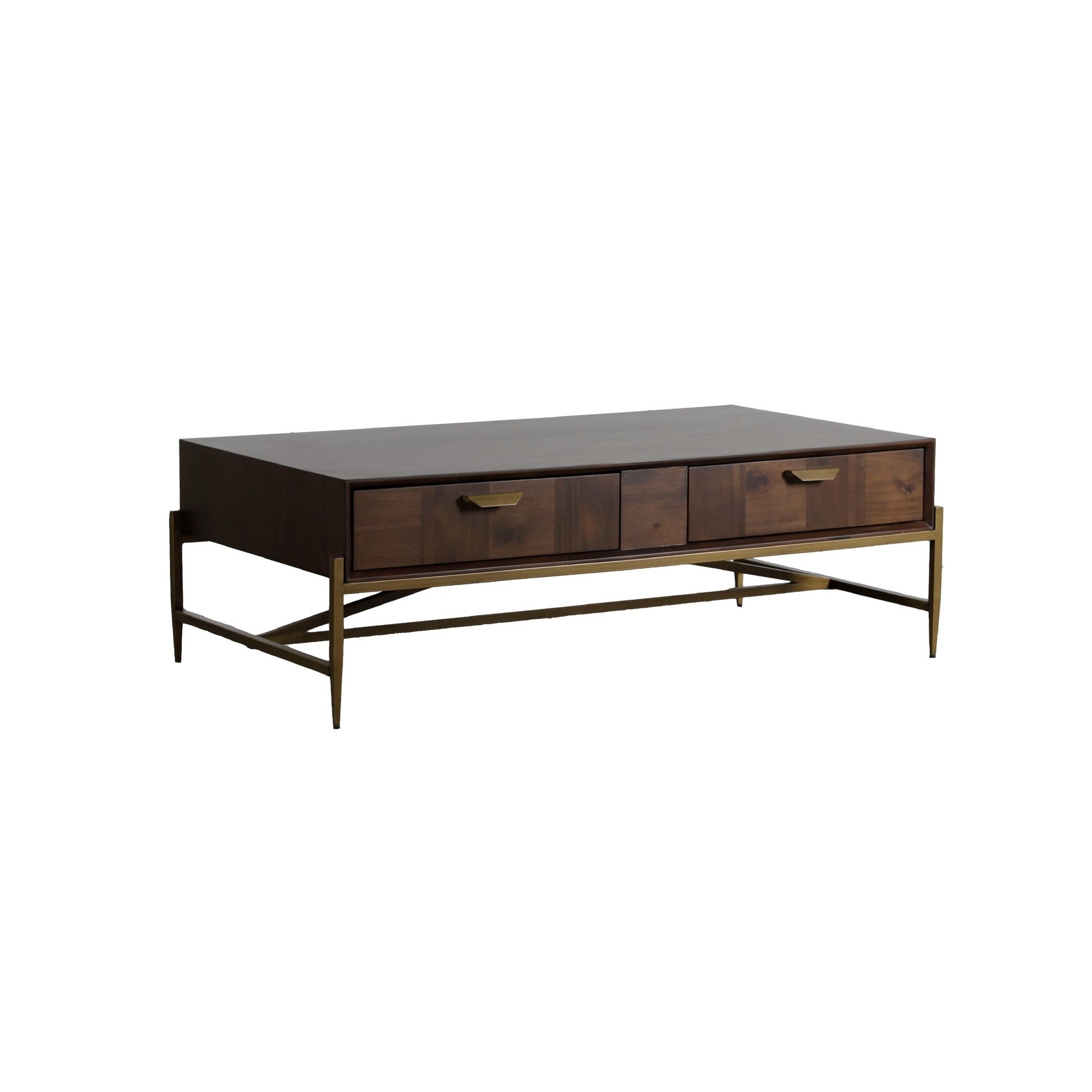 Cid 53 Inch Modern Coffee Table， Acacia Wood， 2 Drawer， Beveled Edge， Brown