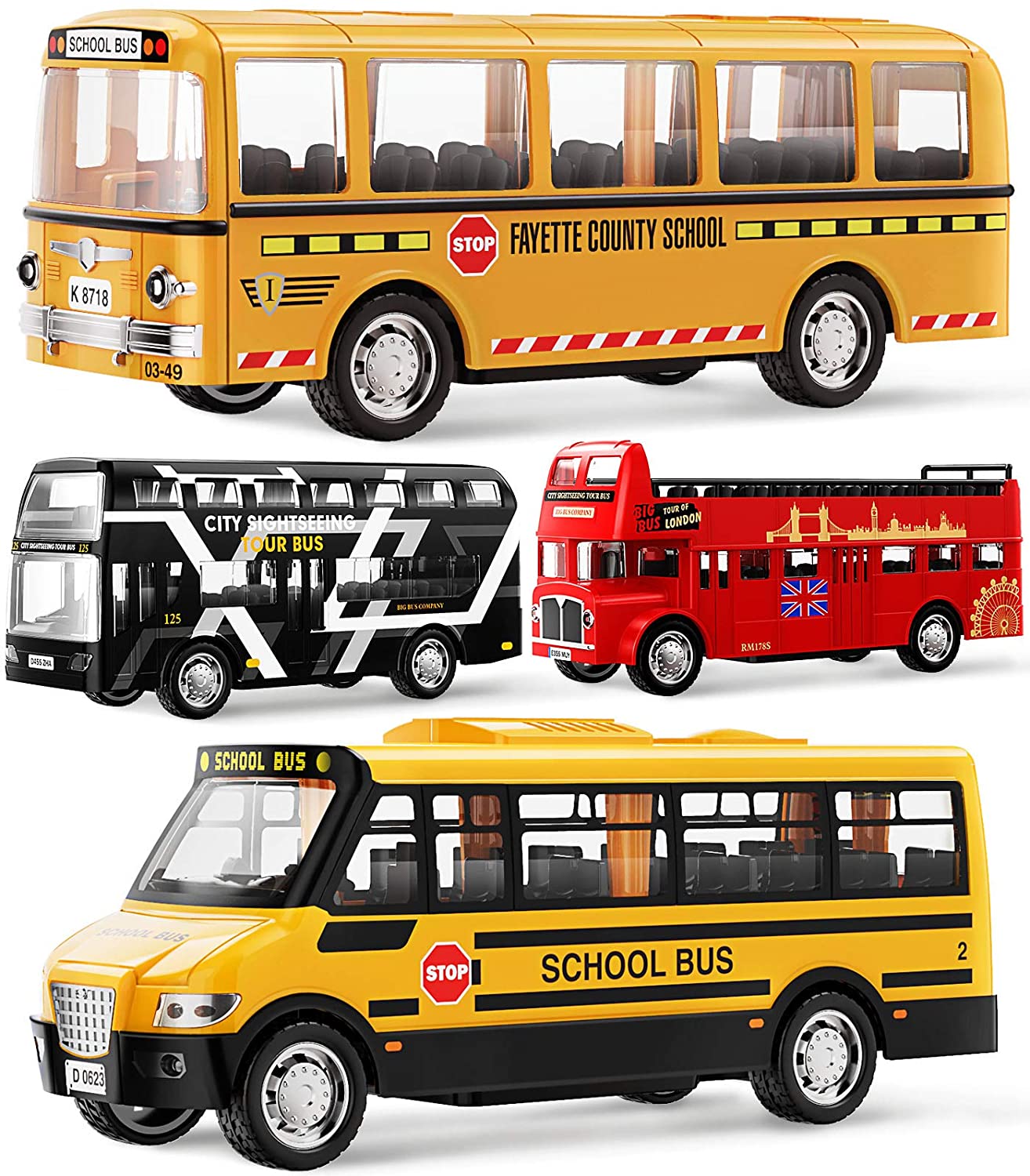 Geyiie Bus Toys for Kids， School Bus， City Bus London， 4 Pack