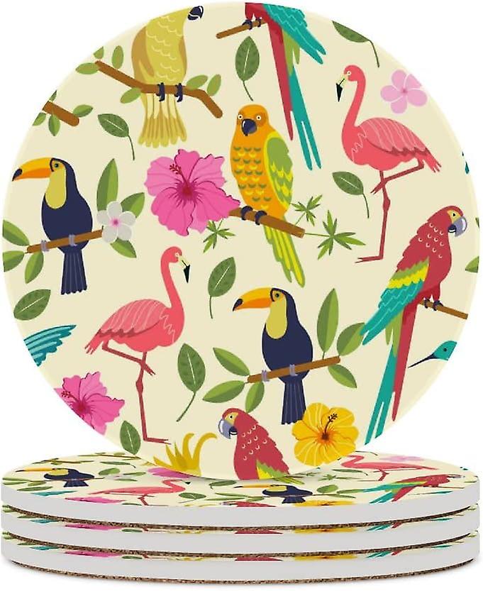 6pcs Round Macaw Toucan Flamingo Ceramic Coasters With Cork-backed For Coffee Drink Cup Mat Absorbent Stone Coasters