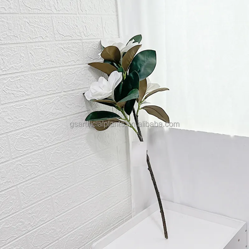 garden supplies Artificial magnolia branch  3 heads Stem white artificial magnolia leaf stem for Wedding Home Garden Decoration