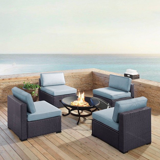 Biscayne 5pc Outdoor Wicker Conversation Set With 4 Armless Chairs amp Fire Pit Mist Crosley