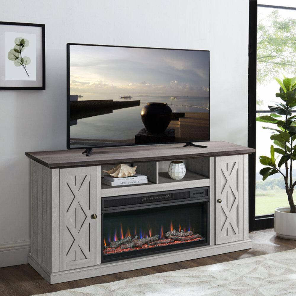 FESTIVO 68 in. Freestanding Electric Fireplace TV Stand in Saw Cut Off White with Dark Desktop FTS21200