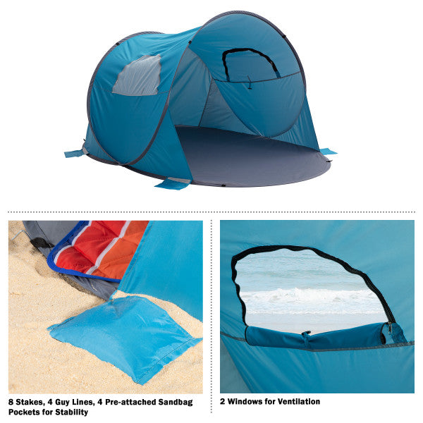 Pop Up Beach Tent with UV Protection and Ventilation Windows – Water and Wind Resistant Sun Shelter for Camping， Fishing， or Play by Wakeman (Blue)