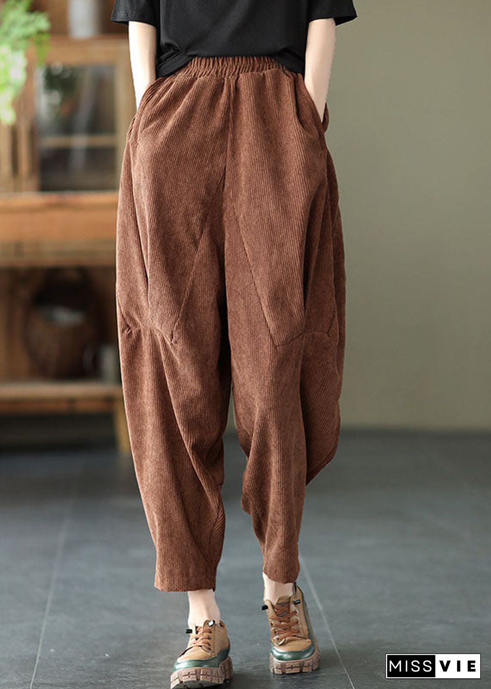 Chocolate Corduroy harem Pants elastic waist Spring