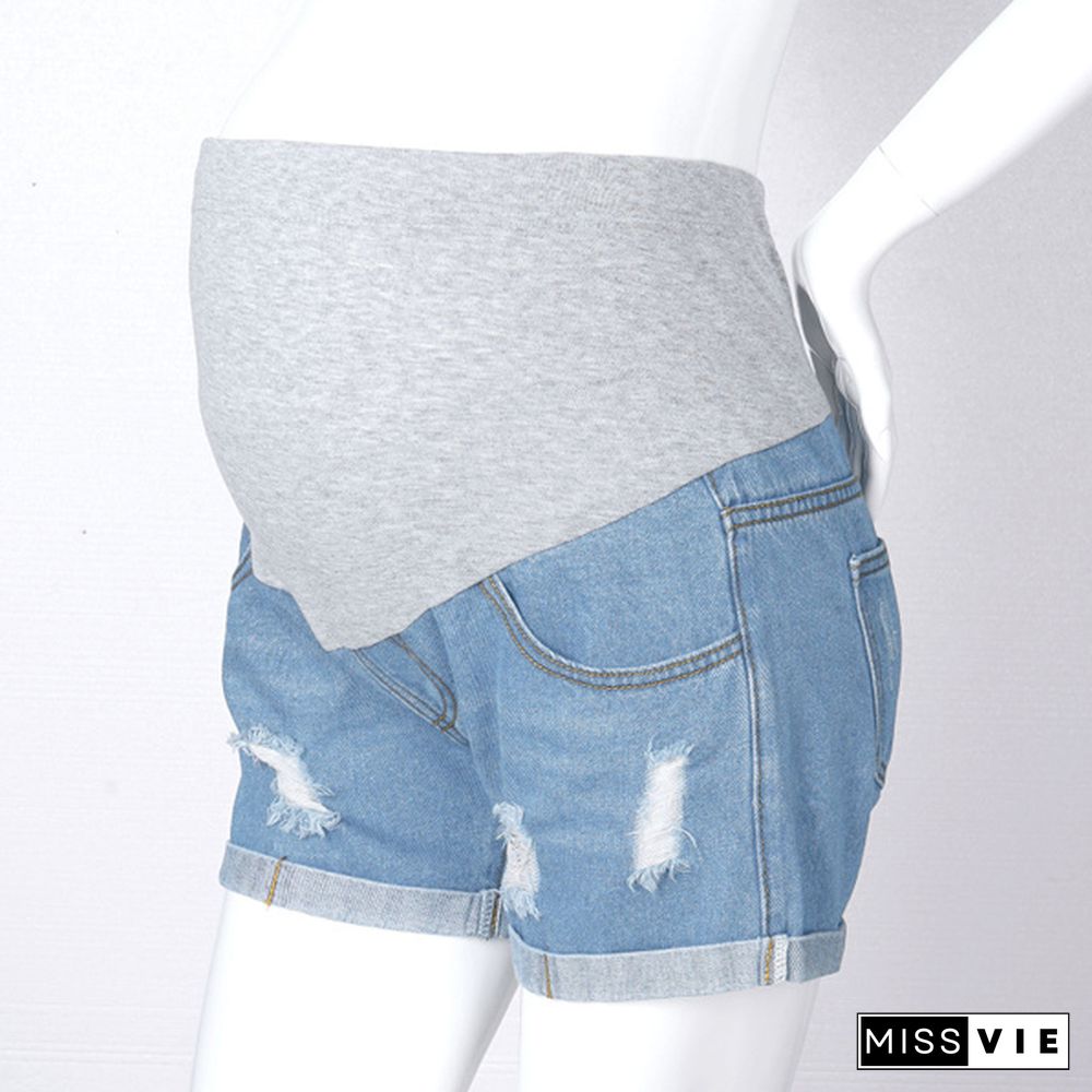 Maternity Shorts for Pregnant Women Denim Shorts Pregnancy Low Waist Loose Ripped Denim Shorts