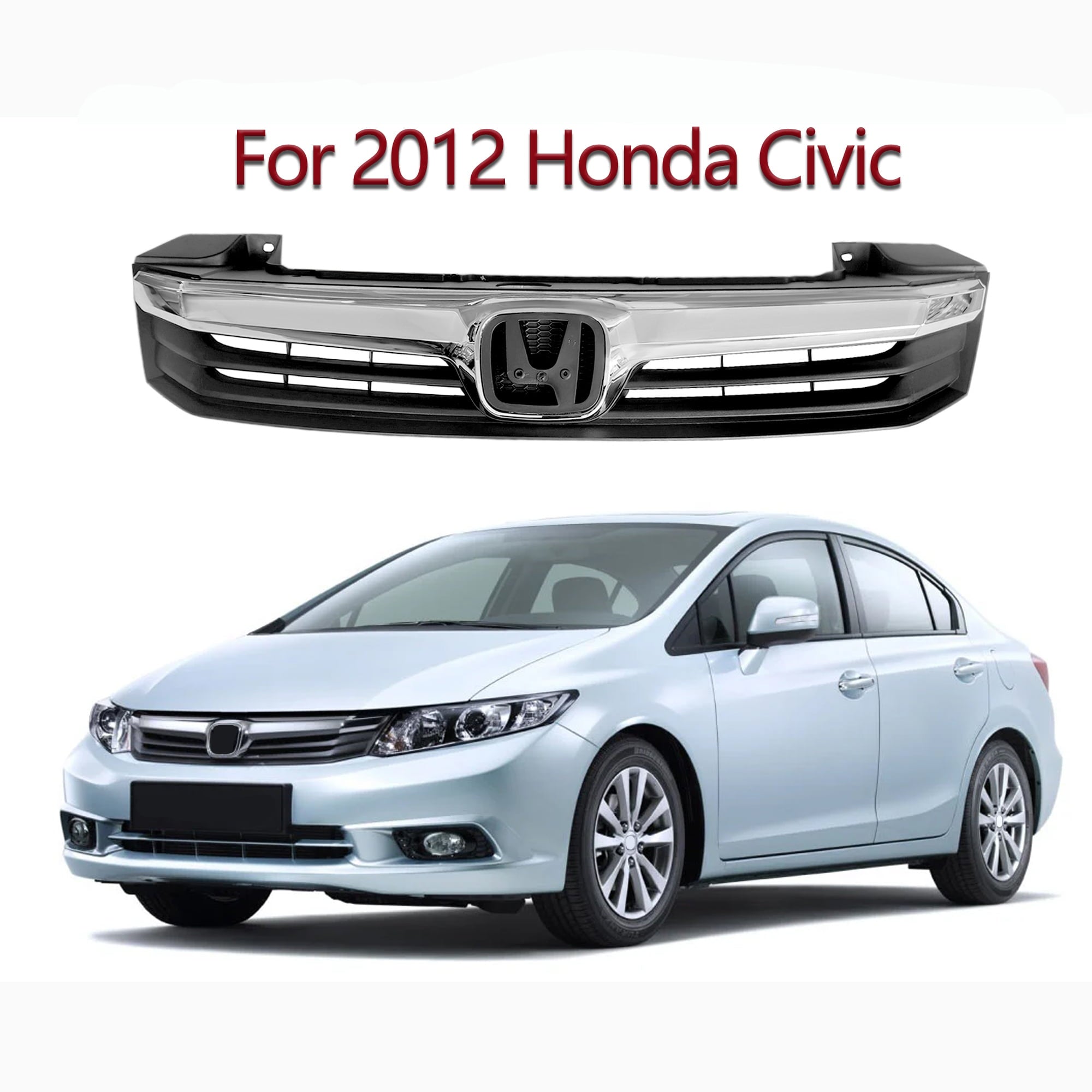 Grille Compatible With 2012 Honda Civic Front Mesh Black W/Chrome Bumper Grill