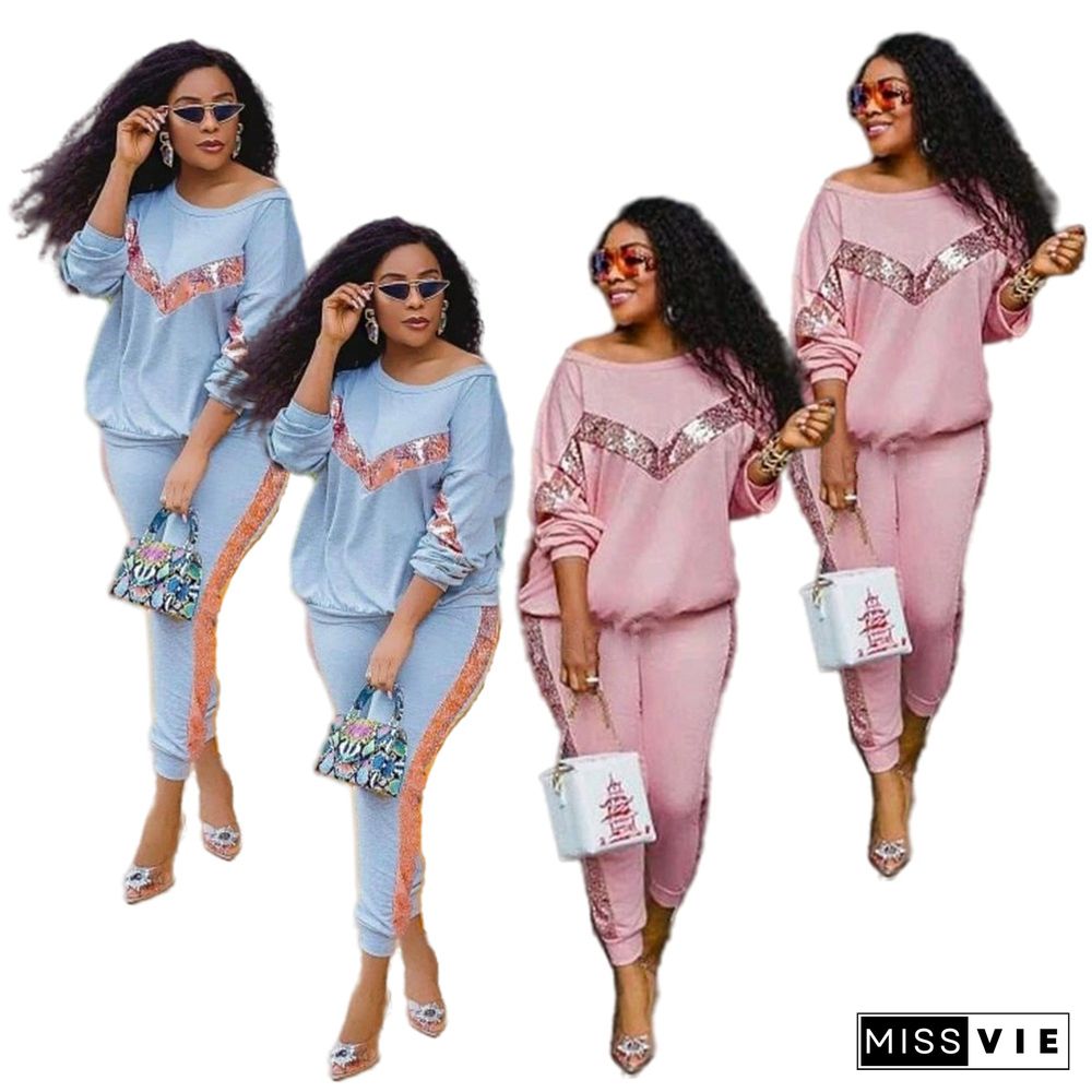 Silver Sequins Patchwork Long Sleeve T Shirt Pants Set