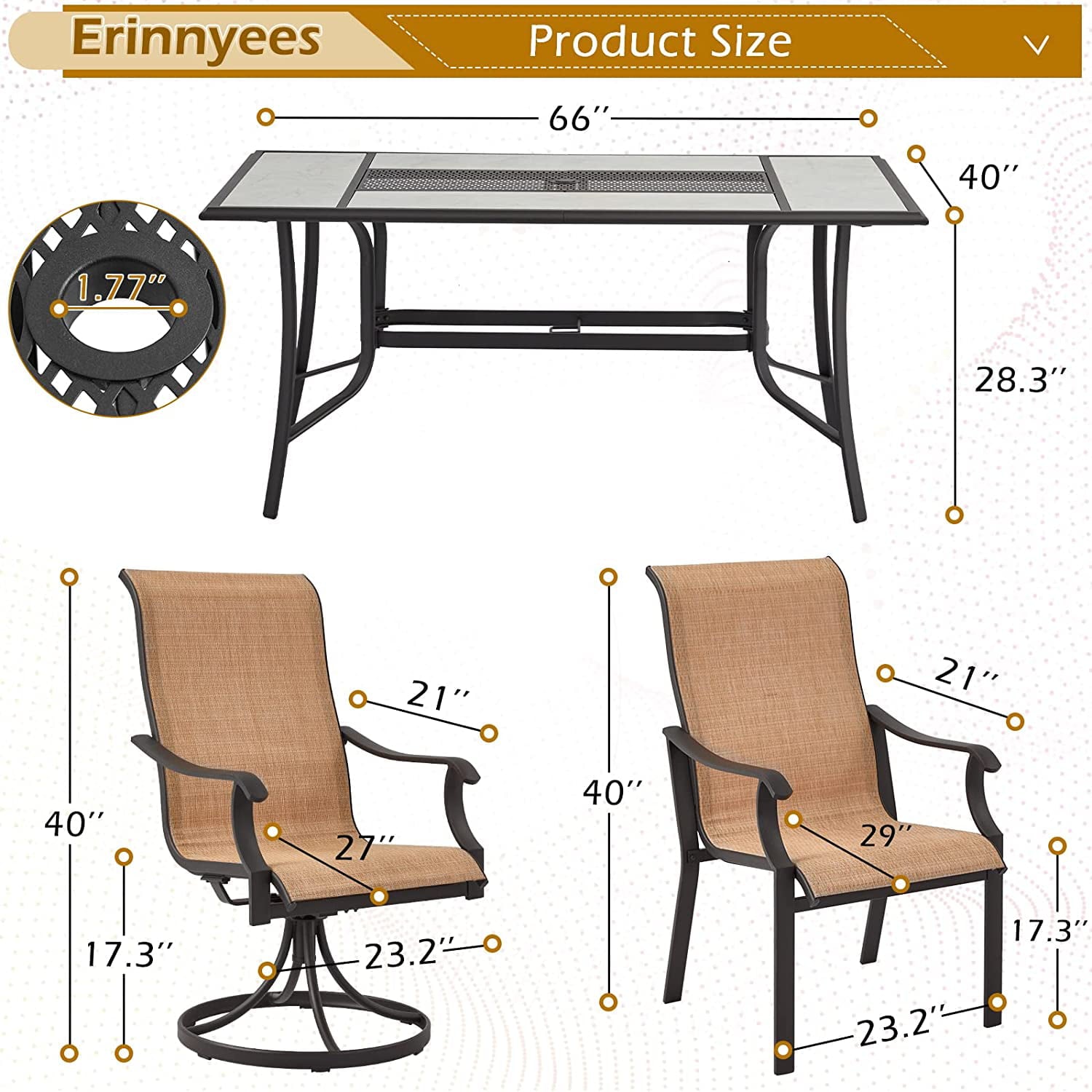 Erommy 7 PCS Patio Dining Set， Outdoor Table Chair Set， Large Metal Table with Umbrella Hole， High Back Chair for Patio， Garden， Lawn