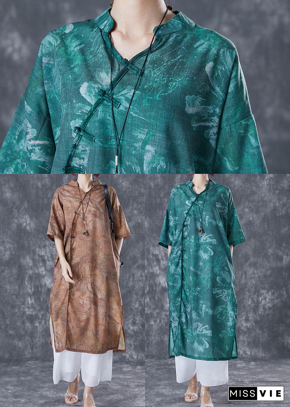 Chinese Style Blackish Green Oversized Print Linen Long Dress Summer