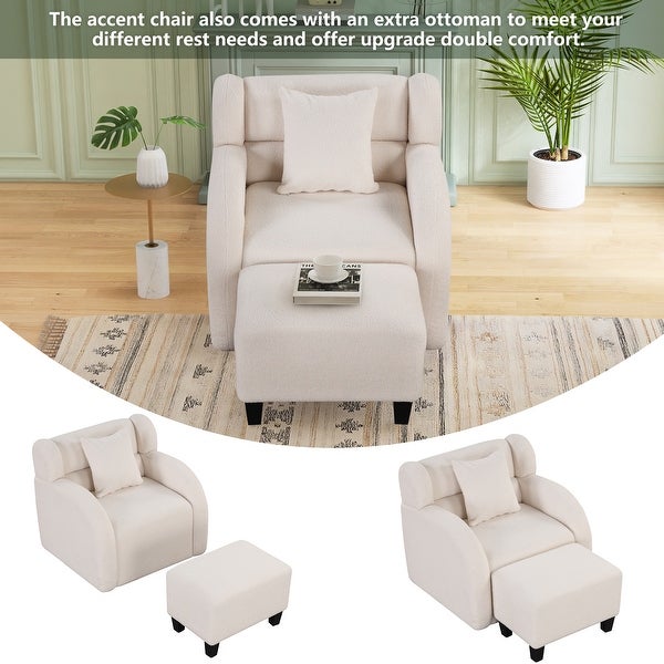 360 Degree Swivel Accent Chair and Ottoman Sets， Swivel Lounge Barrel Chair， Teddy Short Plush Particle Velvet Armchair， White