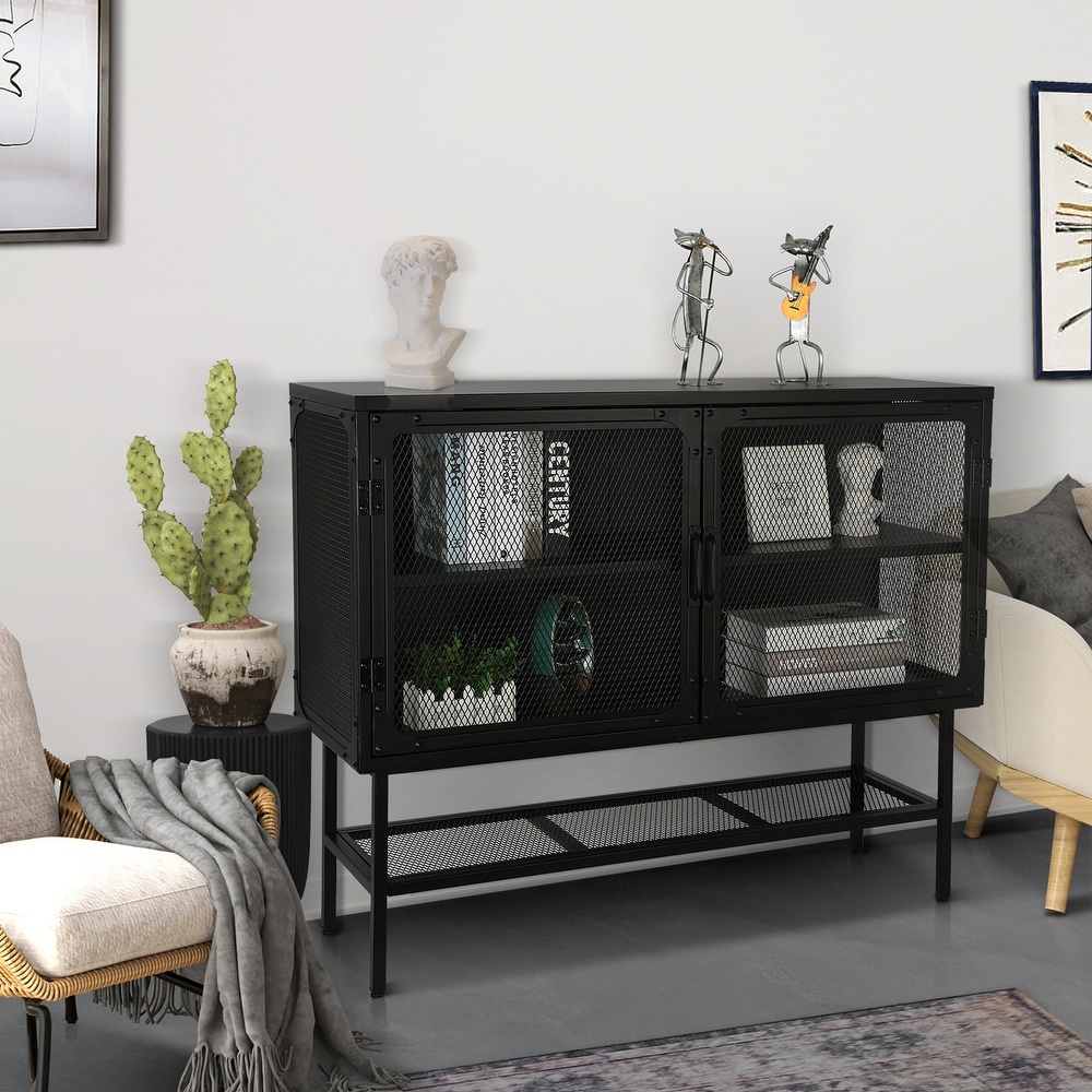 43 inch wide Industrial Metal Sideboard Storage Cabinet Buffet Cabinet with Double Mesh Doors and Open Shelf for living room