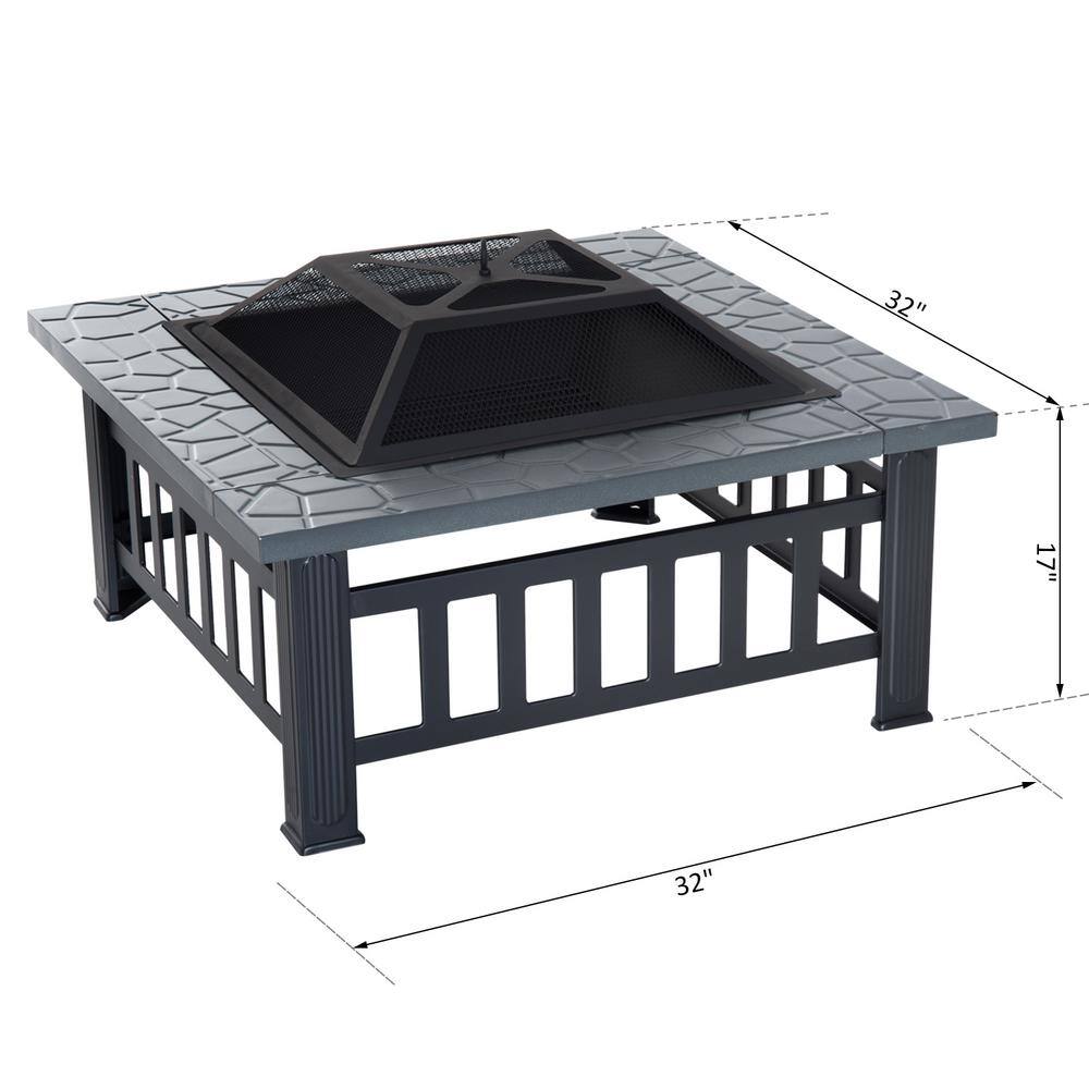 Outsunny 32 in. W x 18 in. H Square Steel Outdoor Patio Wood Burning Fire Pit Table in Black with Poker and Water Resistant Cover 842-073