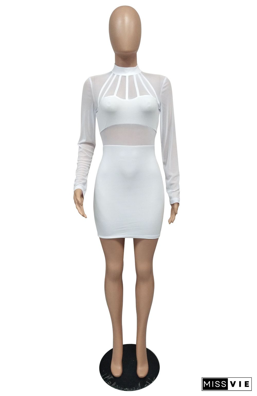 Elegant Mesh Gauze Stitching Long Sleeve Bag Hip Bodycon Dress