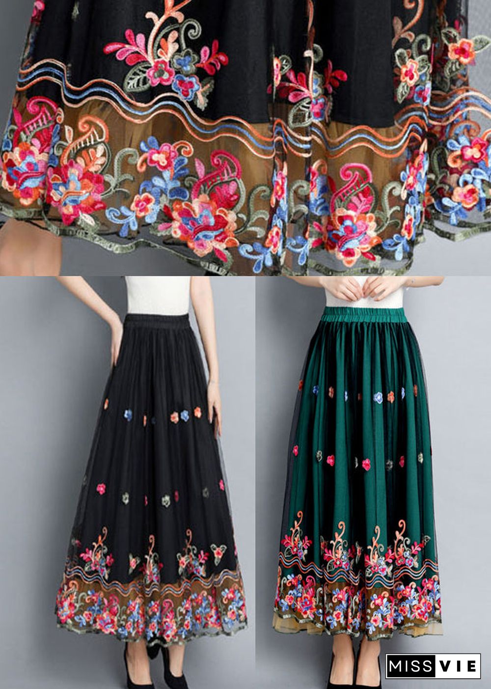 Vintage Black Embroideried Floral Tulle Maxi Skirts Summer