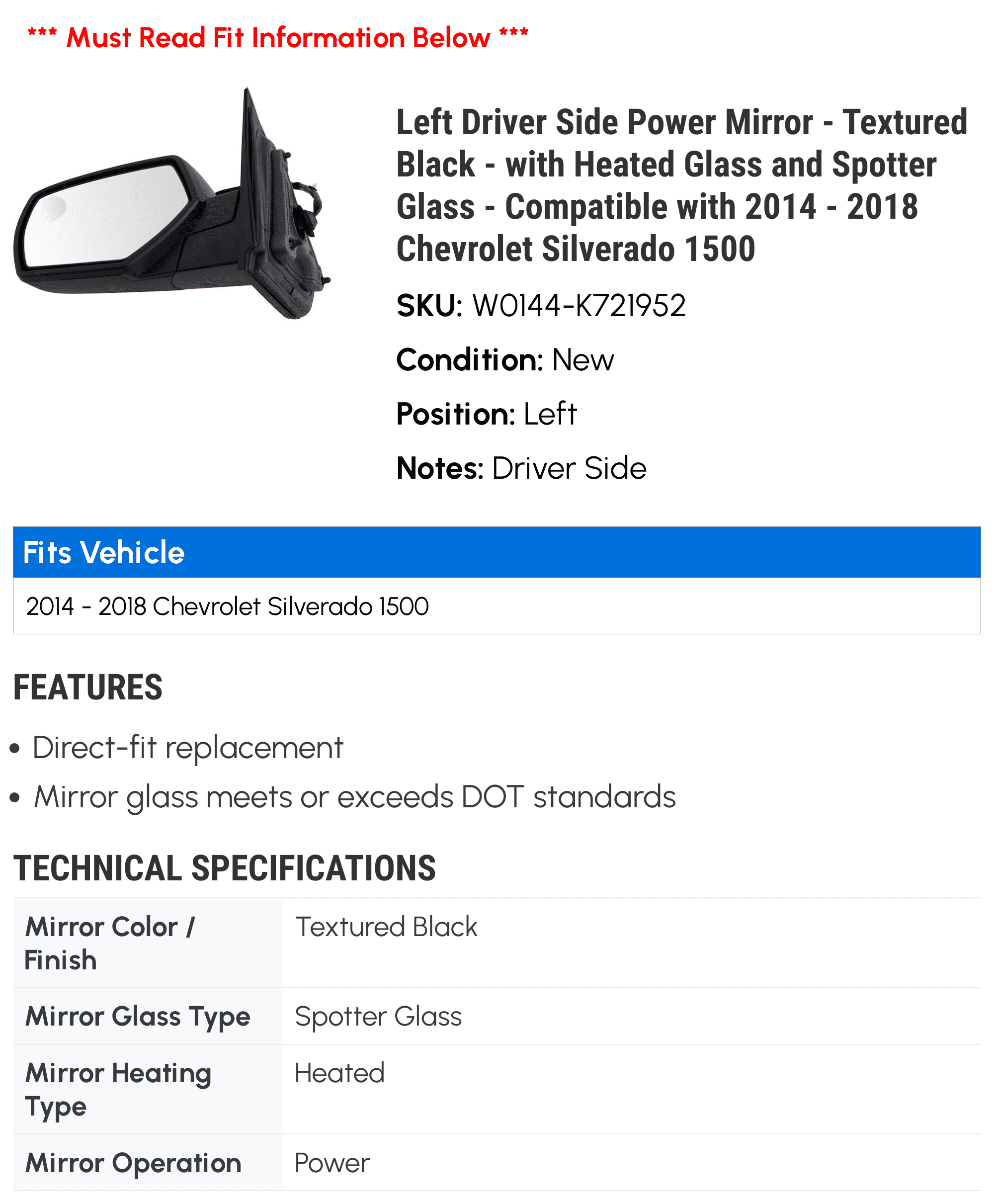 Left Driver Side Power Mirror - Textured Black - with Heated Glass and Spotter Glass - Compatible with 2014 - 2018 Chevy Silverado 1500 2015 2016 2017