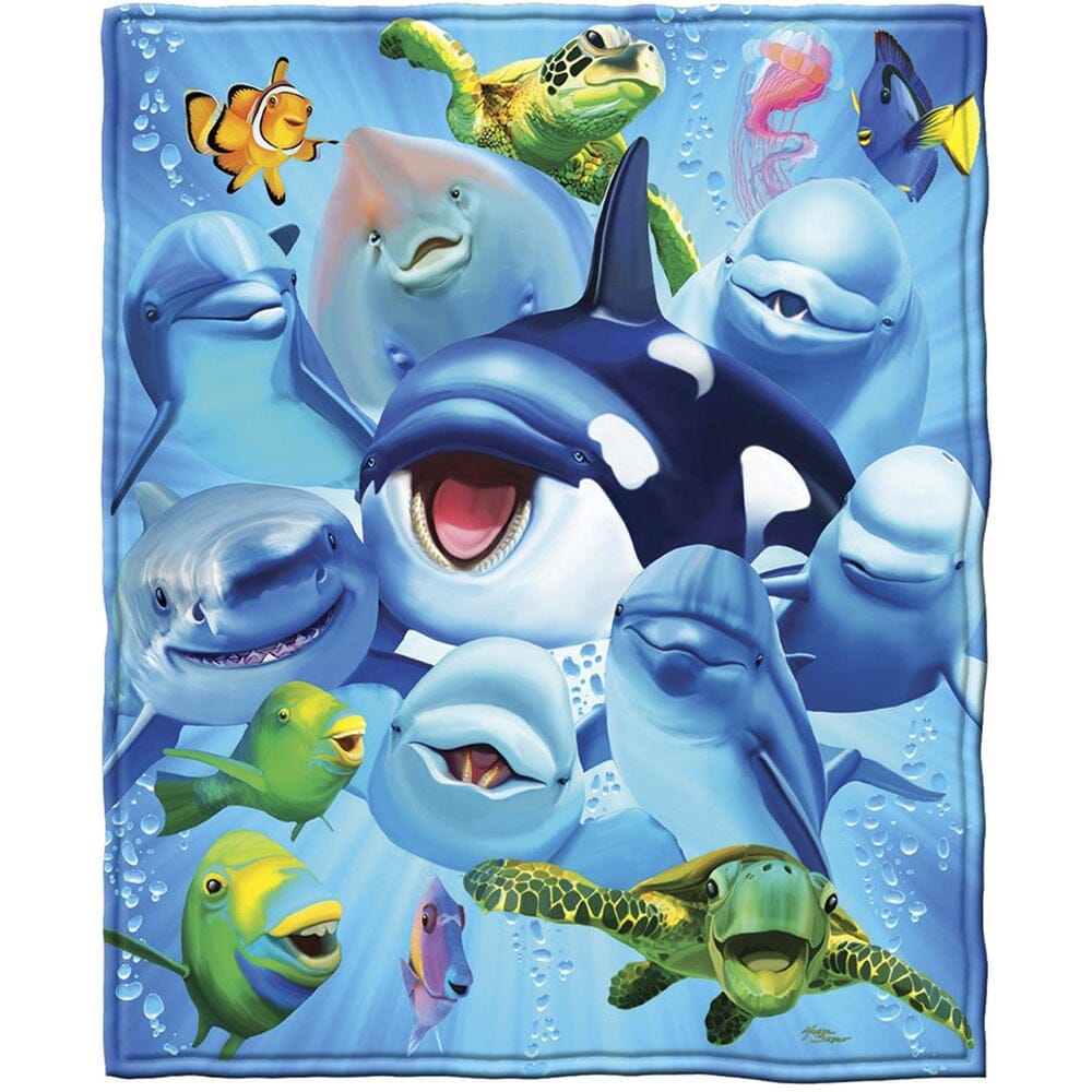 Ocean Animals Dolphin Shark Turtle Selfie Super Soft Plush Fleece Throw Blanket