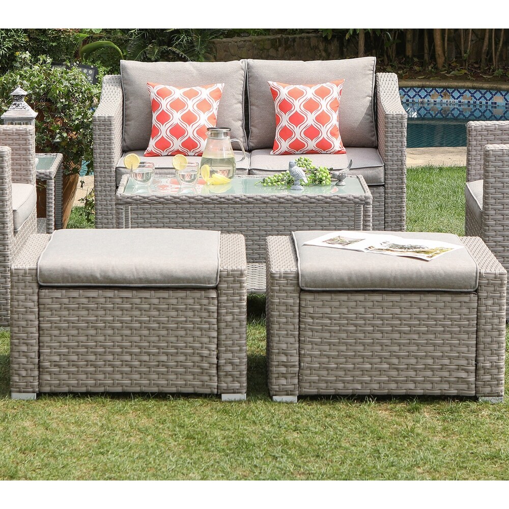 COSIEST Wicker Outdoor Ottomans with Side Table   Set of 2