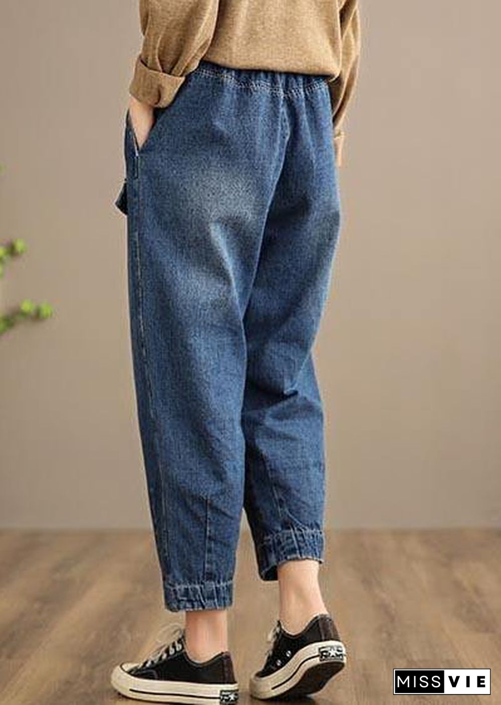 Handmade Spring Casual Pants Oversize Denim Blue-Rose Photography Elastic Waist Trousers