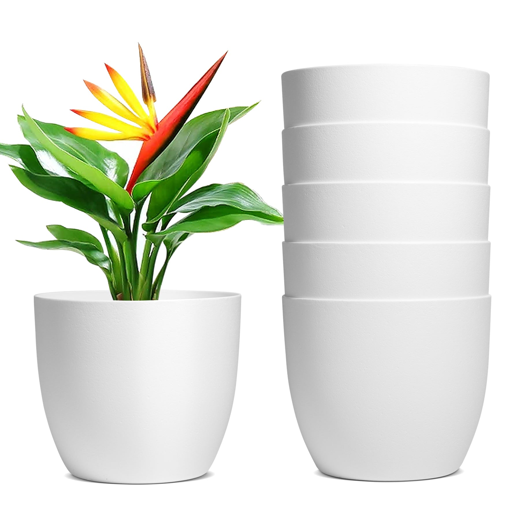 T4U Modern Self Watering Plastic Plant Pots, Modern Decorative Flower Pot, 6 inches, White, Set of 6