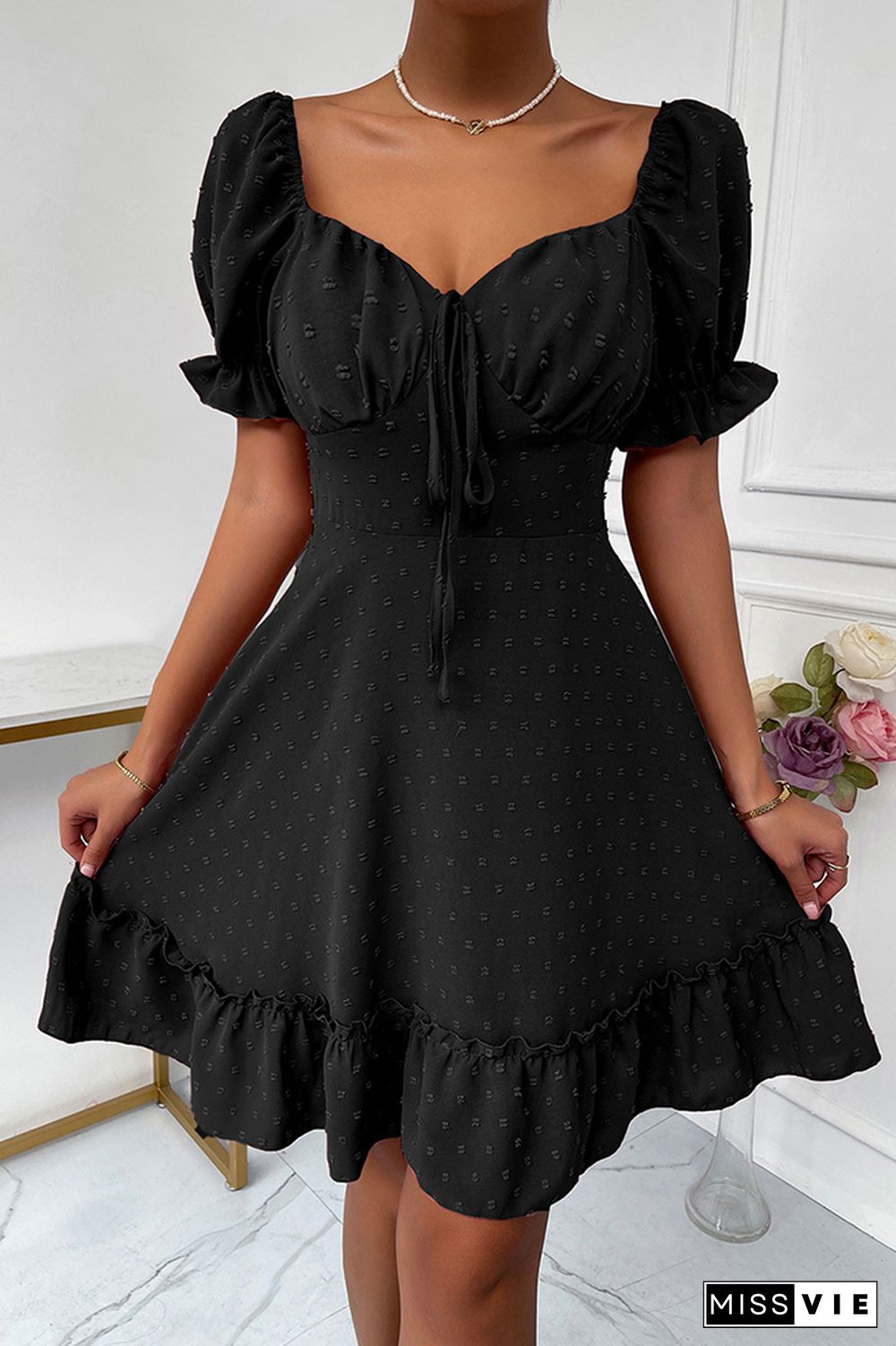 Solid Polka Dot Ruffle Short Sleeve Dress Wholesale