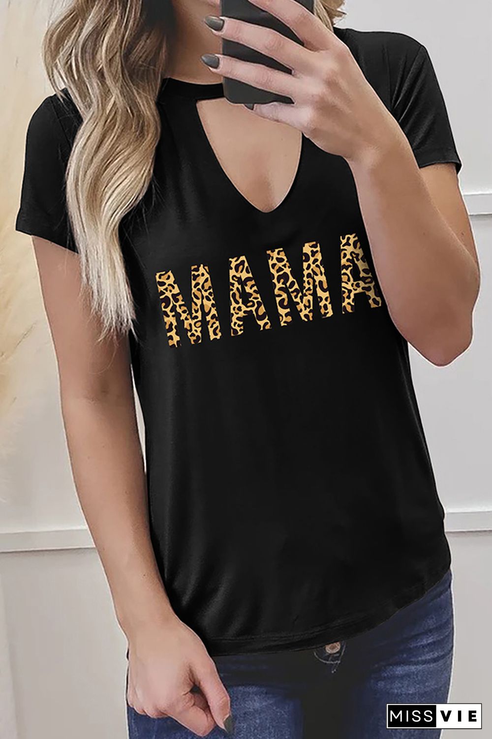 MAMA and Leopard Print Graphic Tees for Women Wholesale Short Sleeve T shirts Top