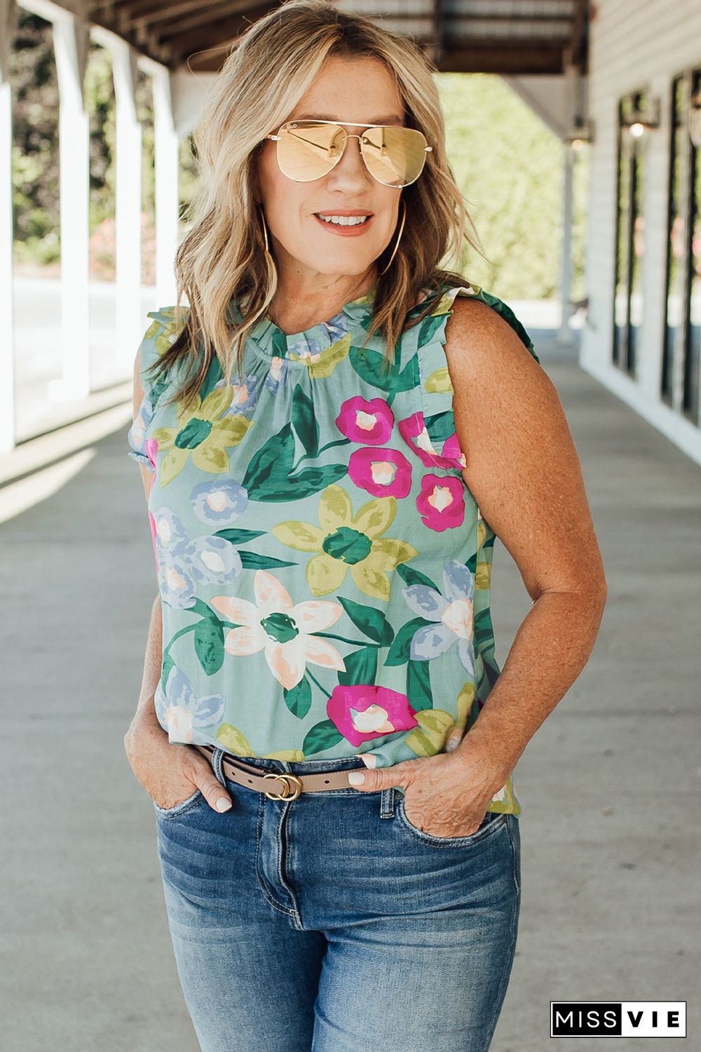 Green Floral Print Ruffle Trim Tank Top