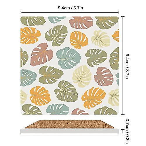 Colourlife Square Drink Coasters 6 Pcs Floral Jungle Ornament With Monstera Leaf Absorbent Ceramic Coffee Coasters For Drinks With Cork Base Housewarm