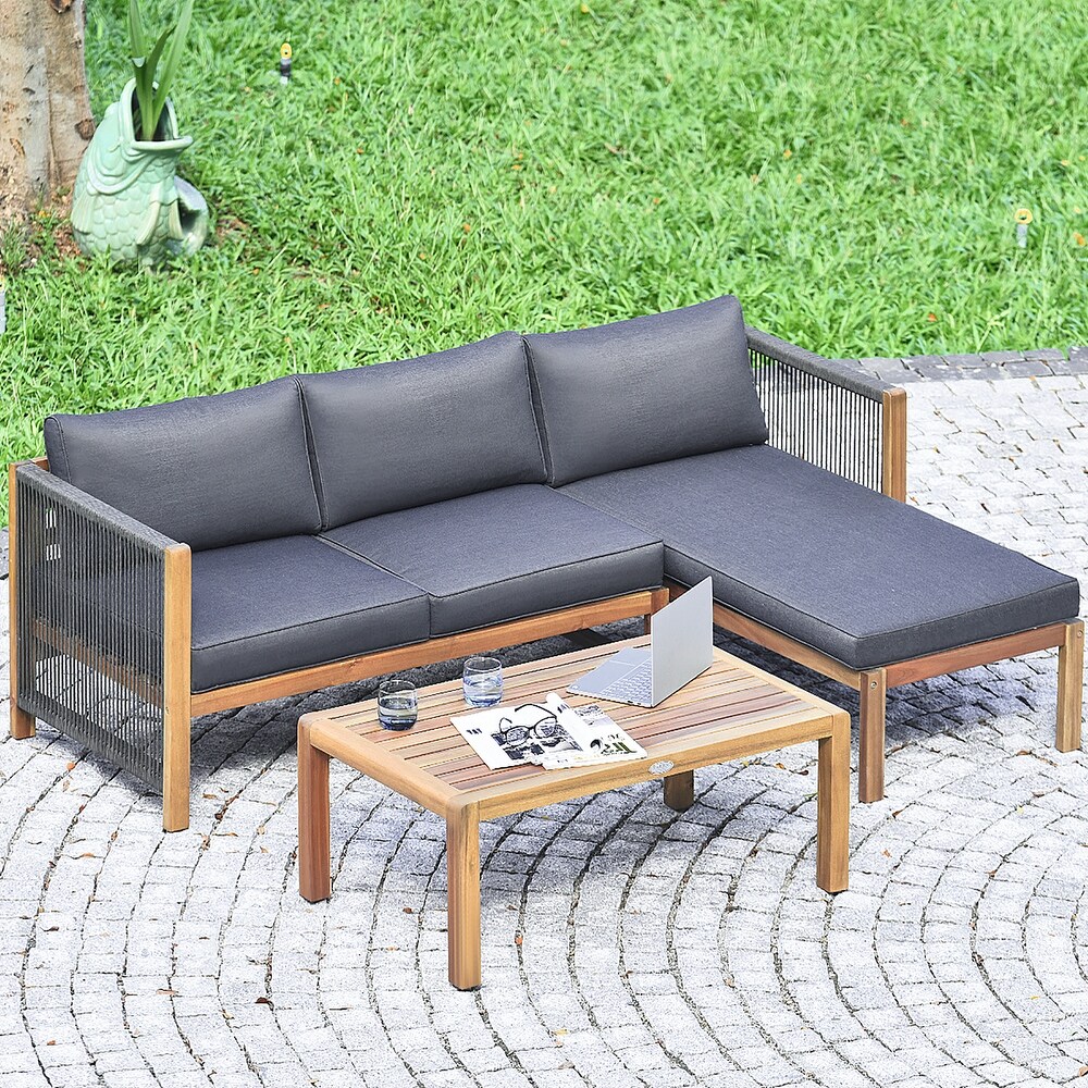 3PCS Wood Sofa and Table Set with Thick Cushion and Nylon Rope Armrest