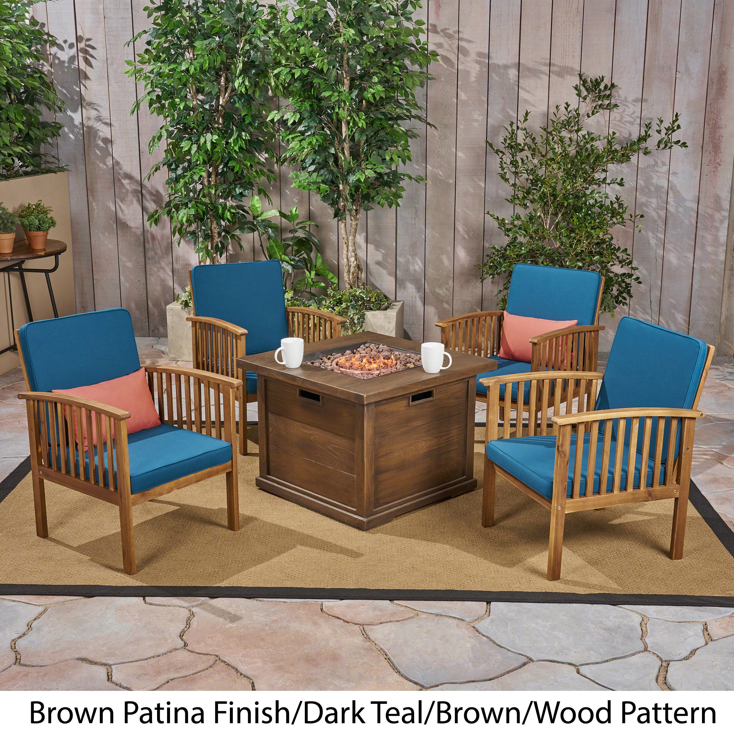 Cape Outdoor 4-Seater Acacia Wood Club Chairs with Firepit