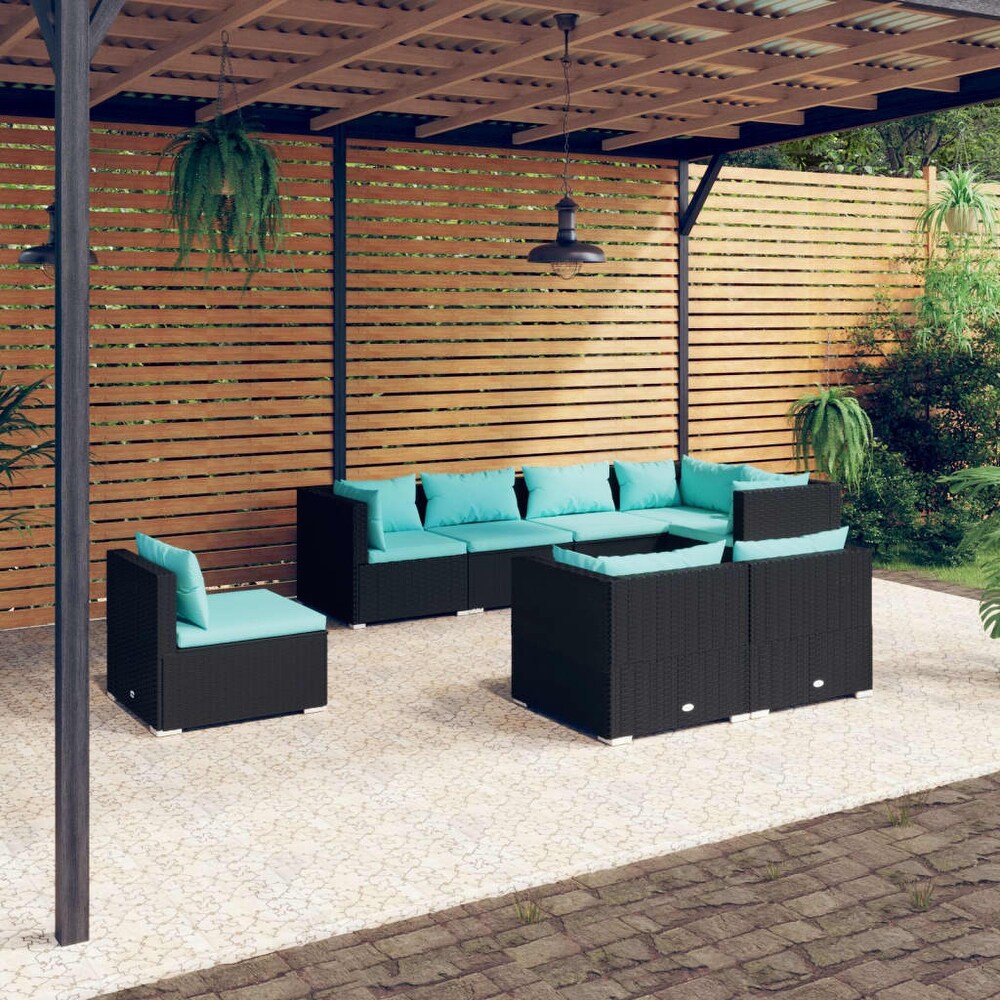 vidaXL 8 Piece Patio Lounge Set with Cushions Poly Rattan Black   27.6\