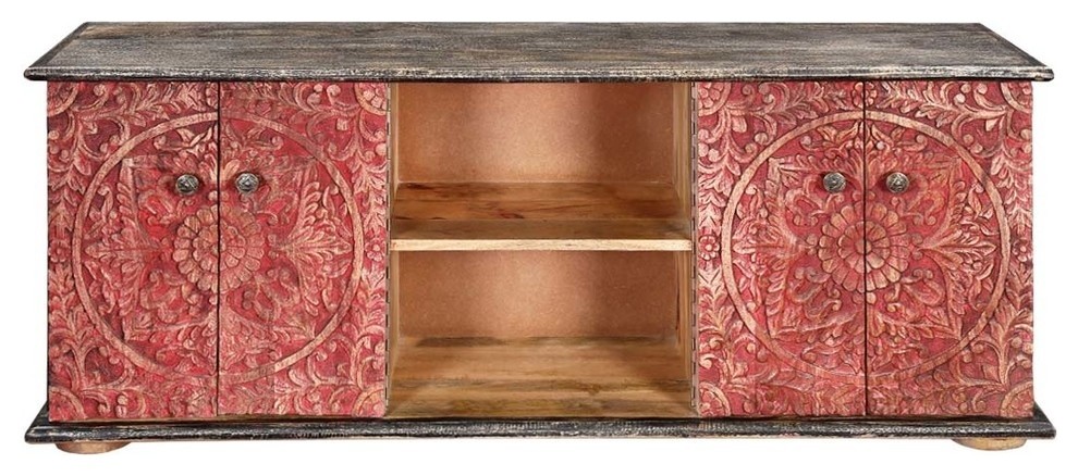 Los Angeles Red Intricately Designed 4 Door Rustic Media Console   Farmhouse   Entertainment Centers And Tv Stands   by Sierra Living Concepts Inc  Houzz