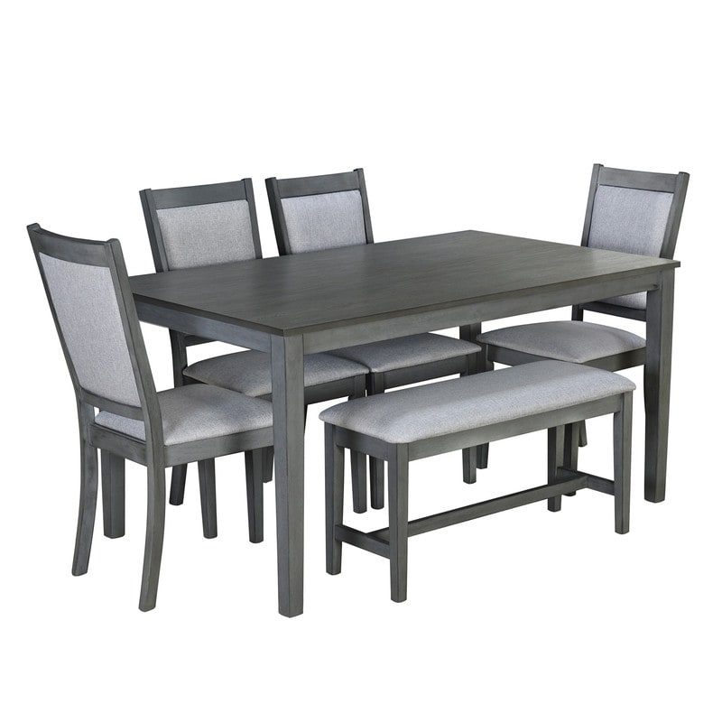 Rustic Solid Wood Dining Table Set Kitchen Table Set with Rectangular Table  4 Upholstered Chairs and Bench