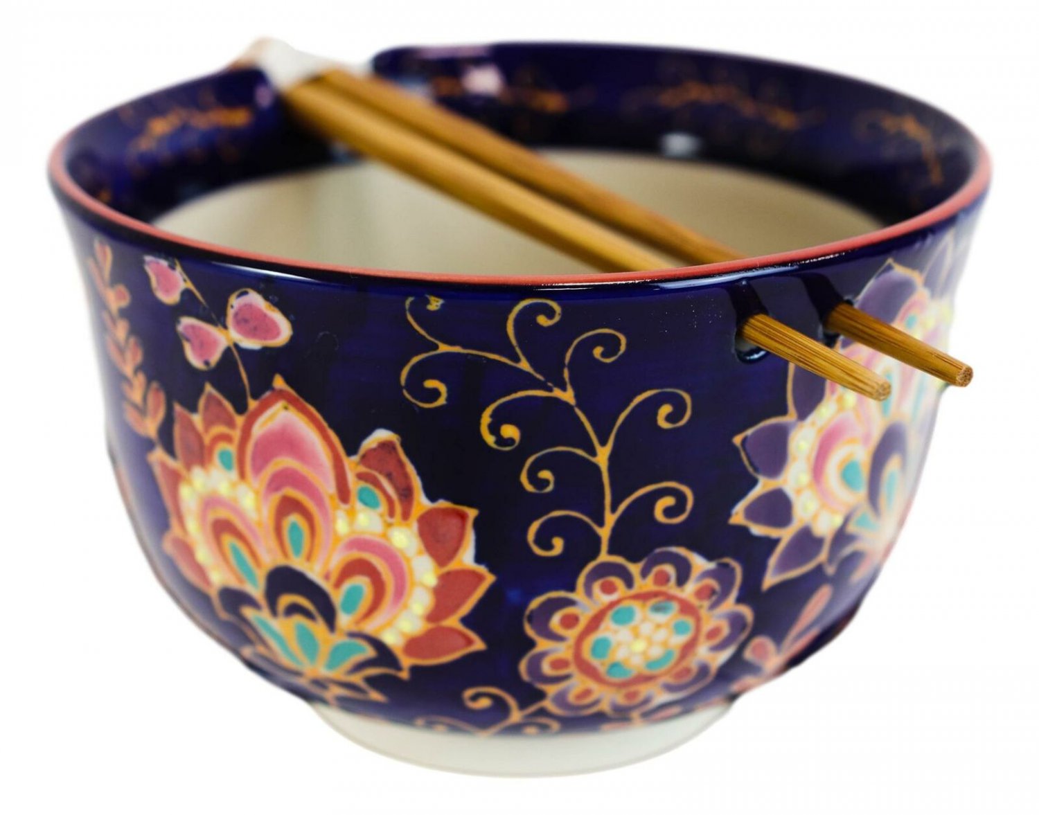 1 Mandala Floral Blossoms Purple Ramen Noodles Soup Large 6D Bowl W/ Chopsticks EBR02