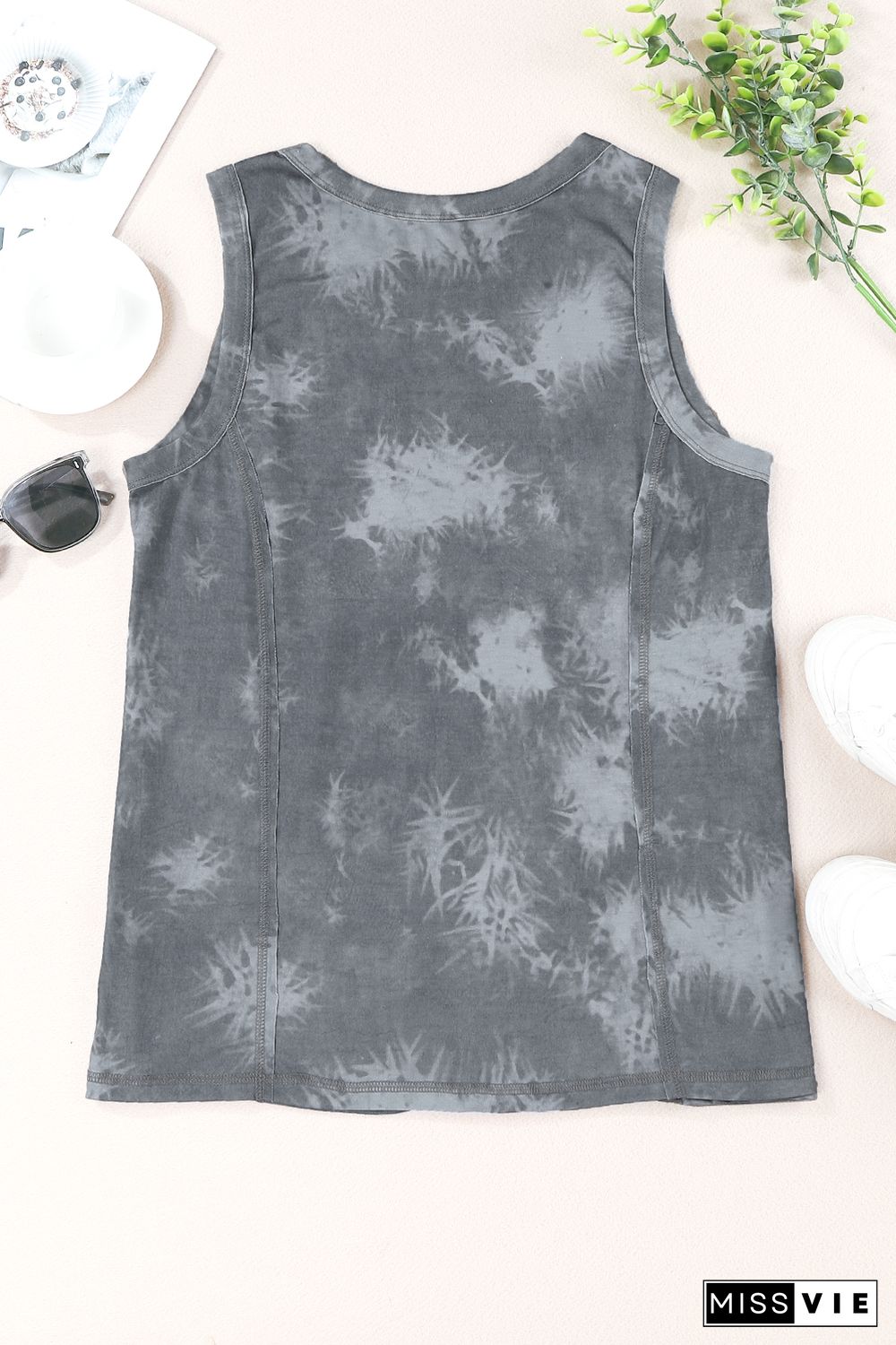 Gray Tie Dye Print Seamed Crew Neck Tank Top