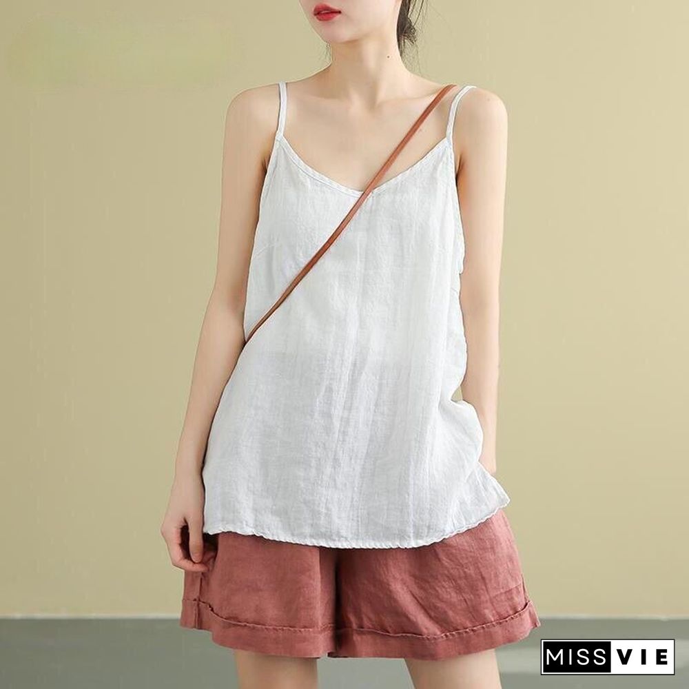 Women'S Summer Top Cotton Linen Spaghetti Strap Top Women Halter V Neck Basic Yellow Sleeveless Tank Tops Loose Casual Camis