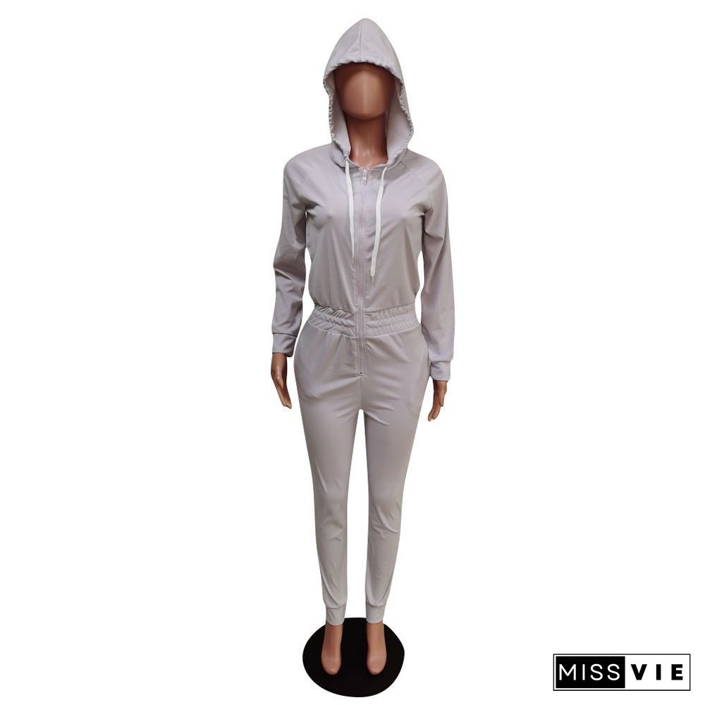 Casual Solid-color Long Sleeve Hooded Zipper Jumpsuit