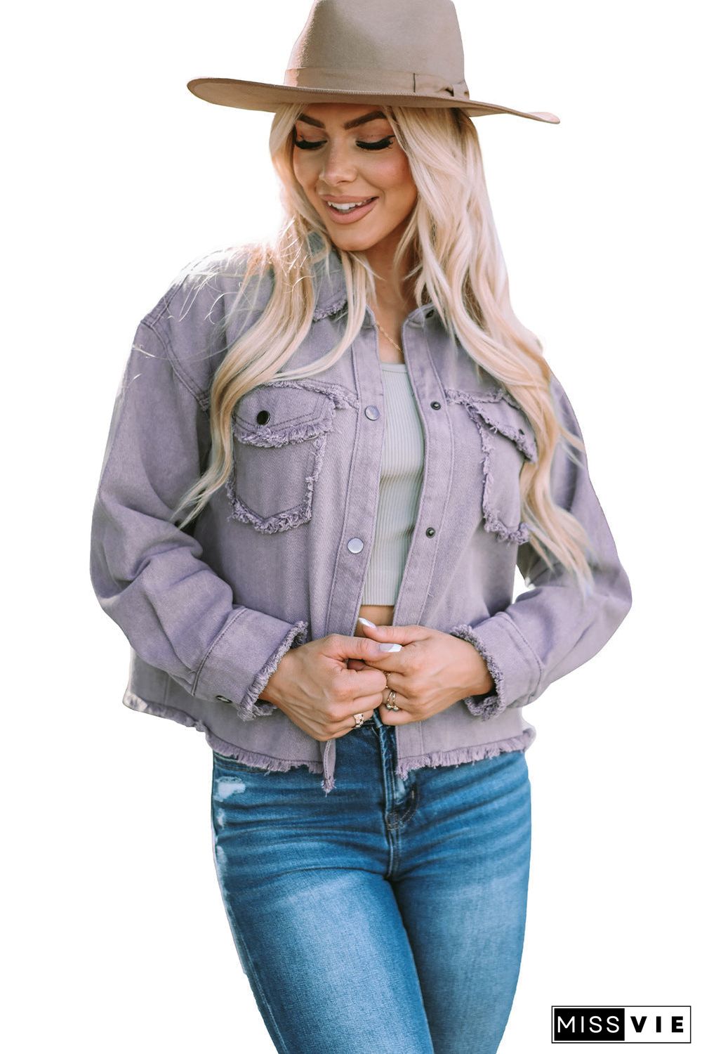 Distressed Flap Pockets Frayed Hemline Denim Jacket