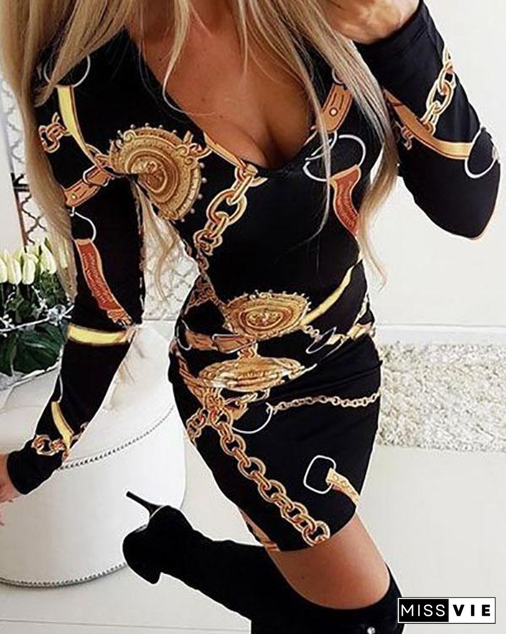 Womens Deep V Neck Dresses Floral Midi Dresses Print Long Sleeve Bodycon Dress