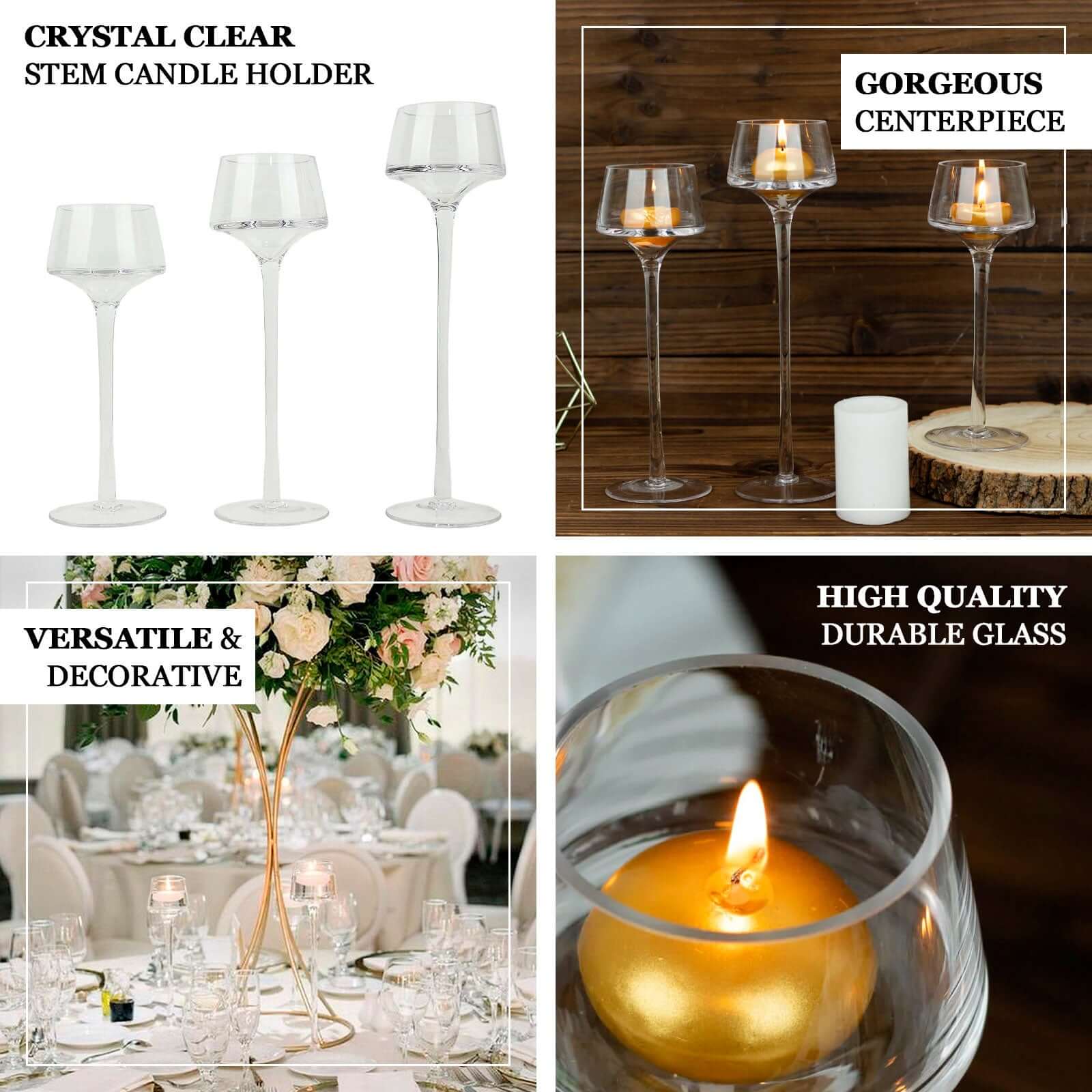 Set of 3 Long-Stem Clear Glass Pedestal Table Vase Centerpieces, Tall Tealight Disc Candle Holders 8