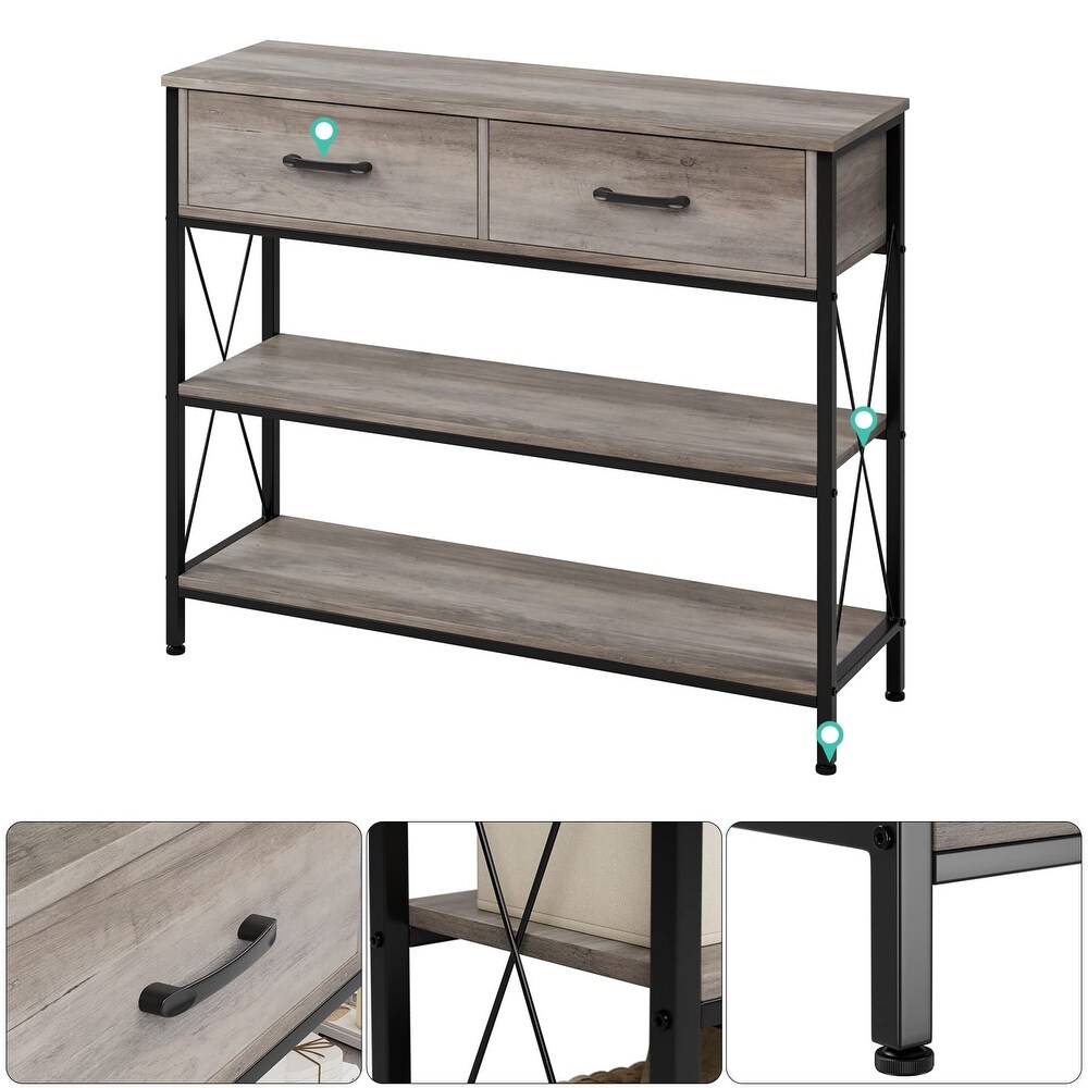 Industrial Console Table with Drawers  Vintage Hallway Foyer Table with Storage Shelves  Narrow Long Sofa Entryway Table