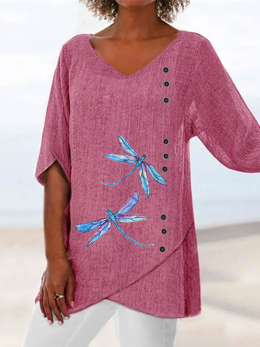 V-neck Dragonfly Print Loose Mid-sleeve Fashion Blouse