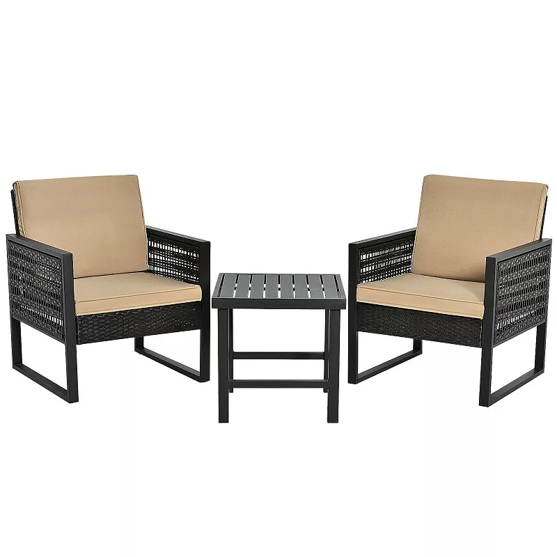 3 Pieces Patio Rattan Bistro Cushioned Furniture Set