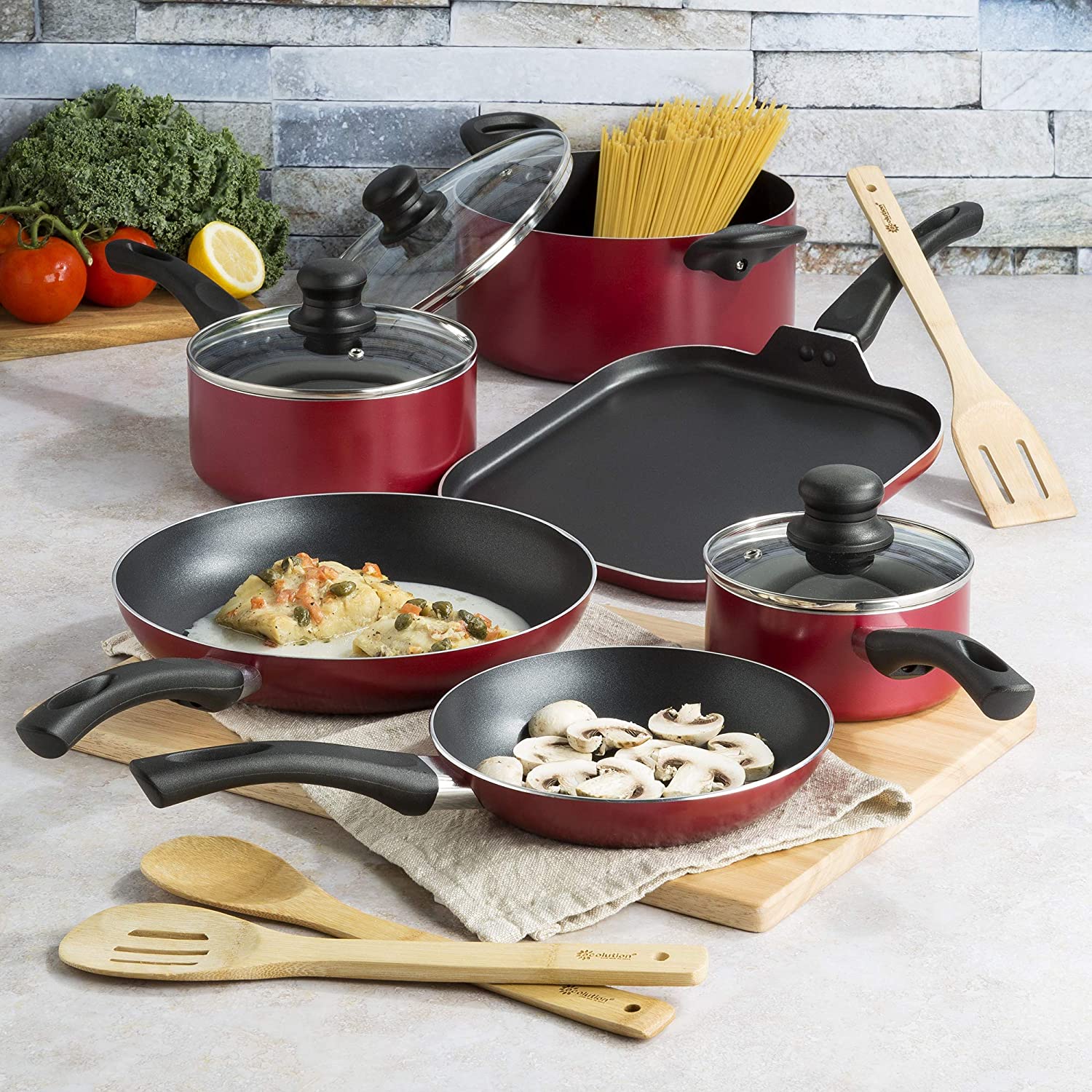 Nonstick Cookware Set, Features Kitchen Essentials, Bamboo Cooking Utensils Set, Vented Glass Lids, Ergonomic Grip Handles, Made without PFOA, Dishwasher Safe, 20-Piece, Red