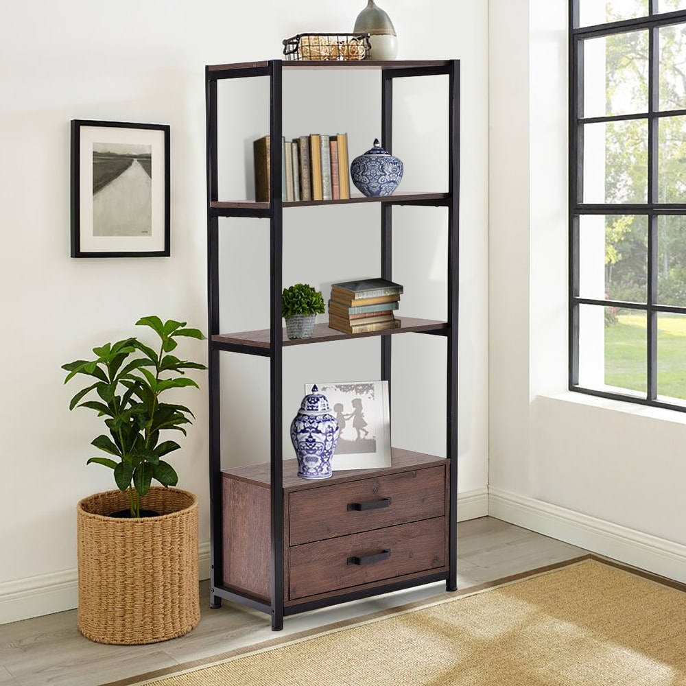 Home Office 4 Tier Bookshelf  Simple Industrial Bookcase Standing Shelf Unit Storage Organizer