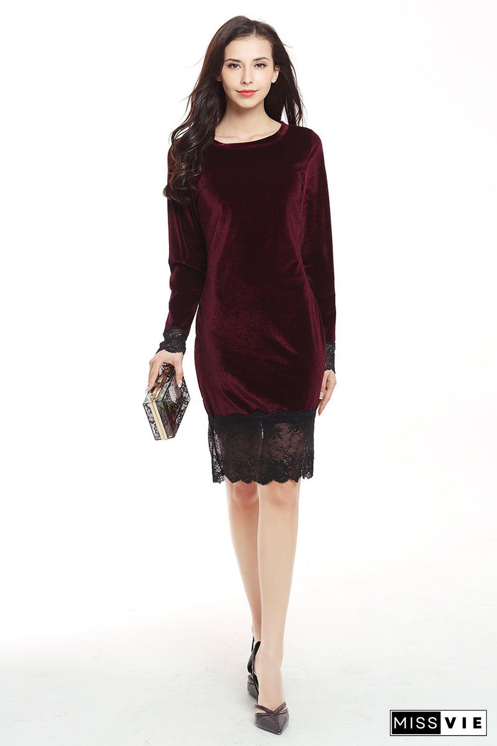 Sexy Lace Panel Velvet Bodycon Dress