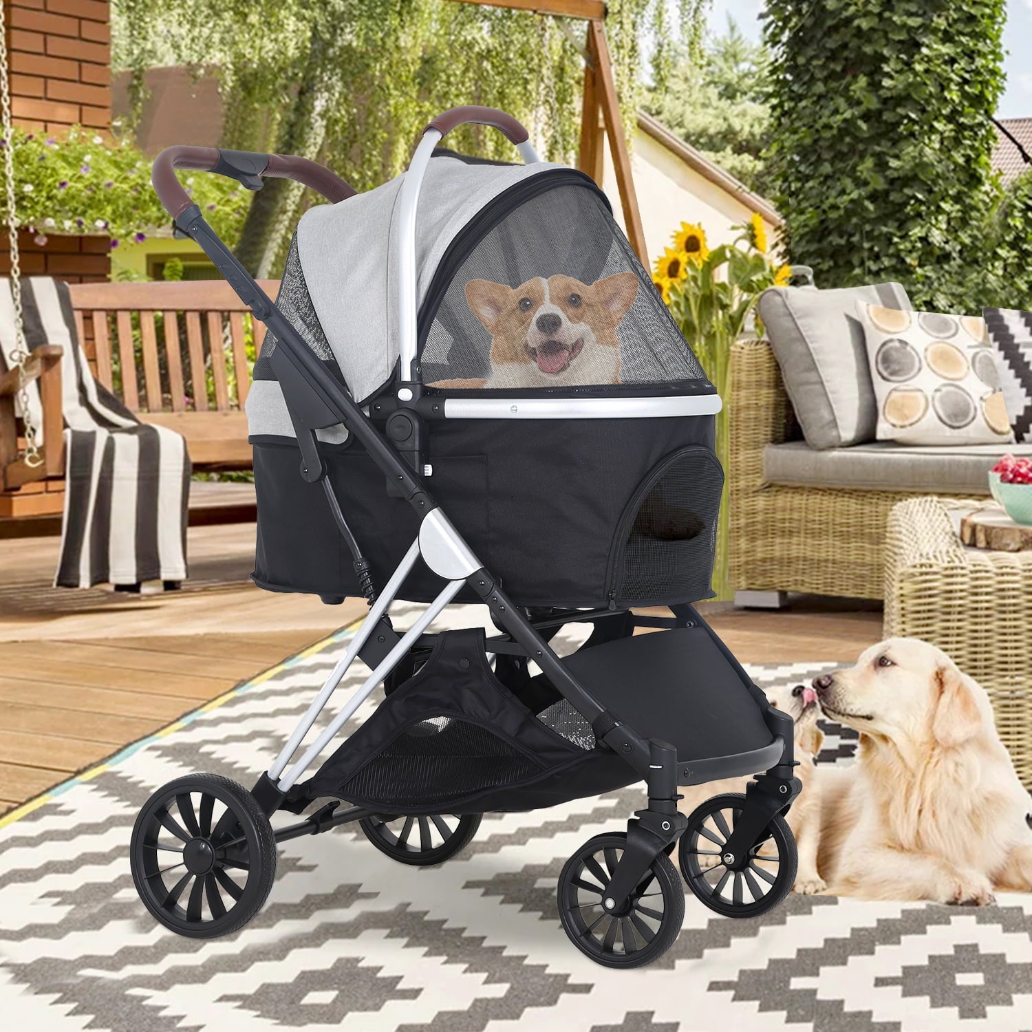 NiamVelo 4 Wheels Premium Foldable Dog Pet Stroller 3-in-1 Multifunction Cat Stroller for Medium Small Dogs Cats， Gray