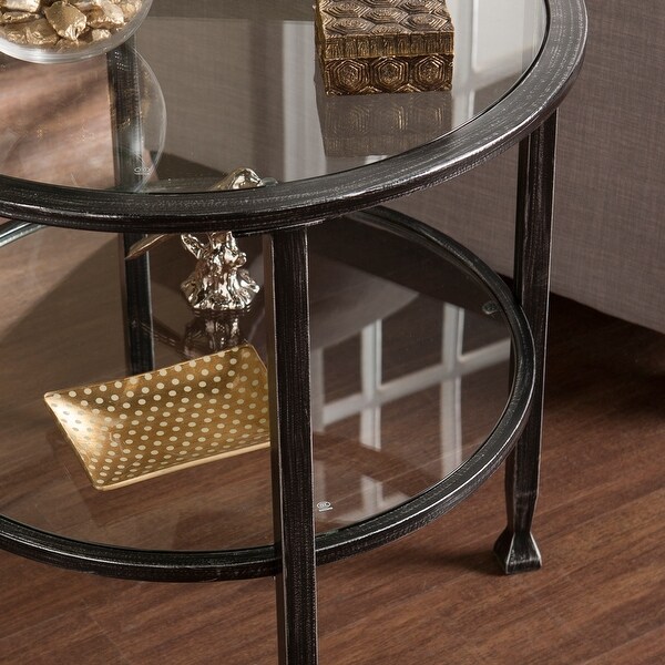 SEI Furniture Glenn Distressed Black Metal Round Side Table with Glass Top and Shelf